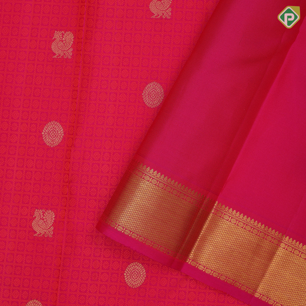 Pinkish red dual tone thread work and gold zari butta self gold zari mayilkan edge border traditional silk saree
