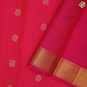Pinkish red dual tone thread work and gold zari butta self gold zari mayilkan edge border traditional silk saree