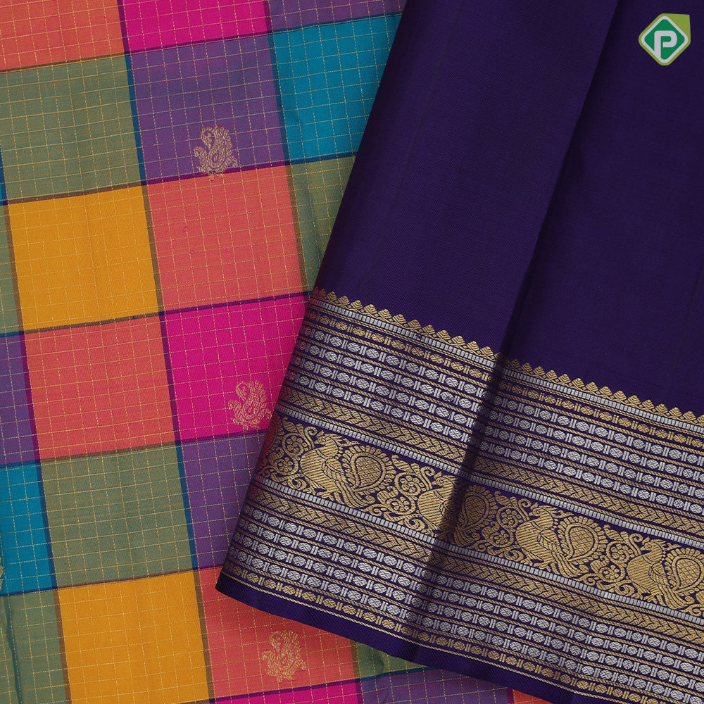 Multi color paalum pazhamum design gold zari butta and checks design contrast blue silver gold zari multi lines border traditional silk saree