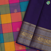Multi color paalum pazhamum design gold zari butta and checks design contrast blue silver gold zari multi lines border traditional silk saree
