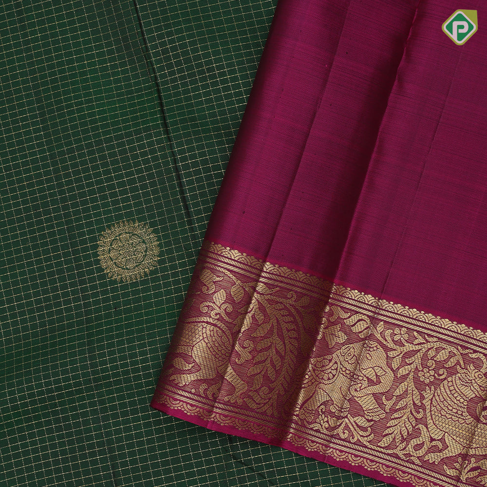 Bottle Green Gold Zari Small Checks Chagaram Butta Magenta Colour Elephant Yali Border Design Traditional Silk Saree
