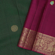 Bottle Green Gold Zari Small Checks Chagaram Butta Magenta Colour Elephant Yali Border Design Traditional Silk Saree