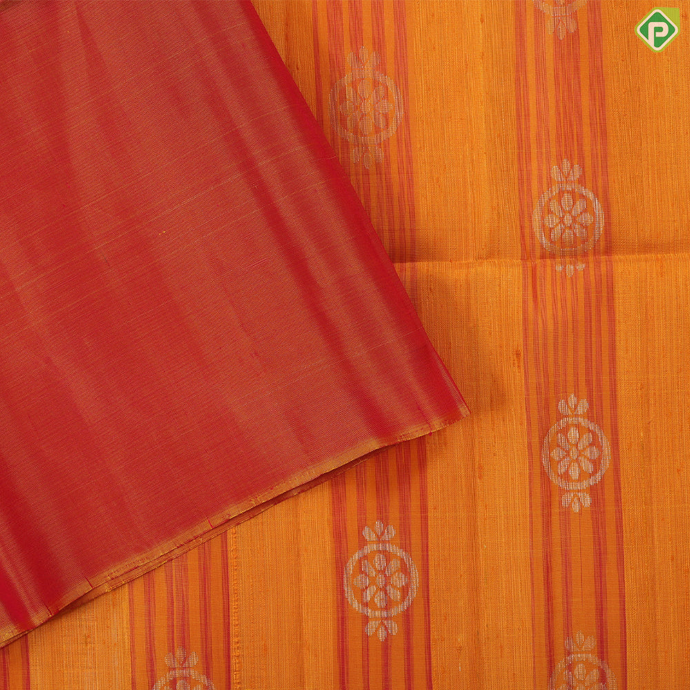 Mustard yellow pink stripes gold zari butta design borderless grand pallu soft silk saree