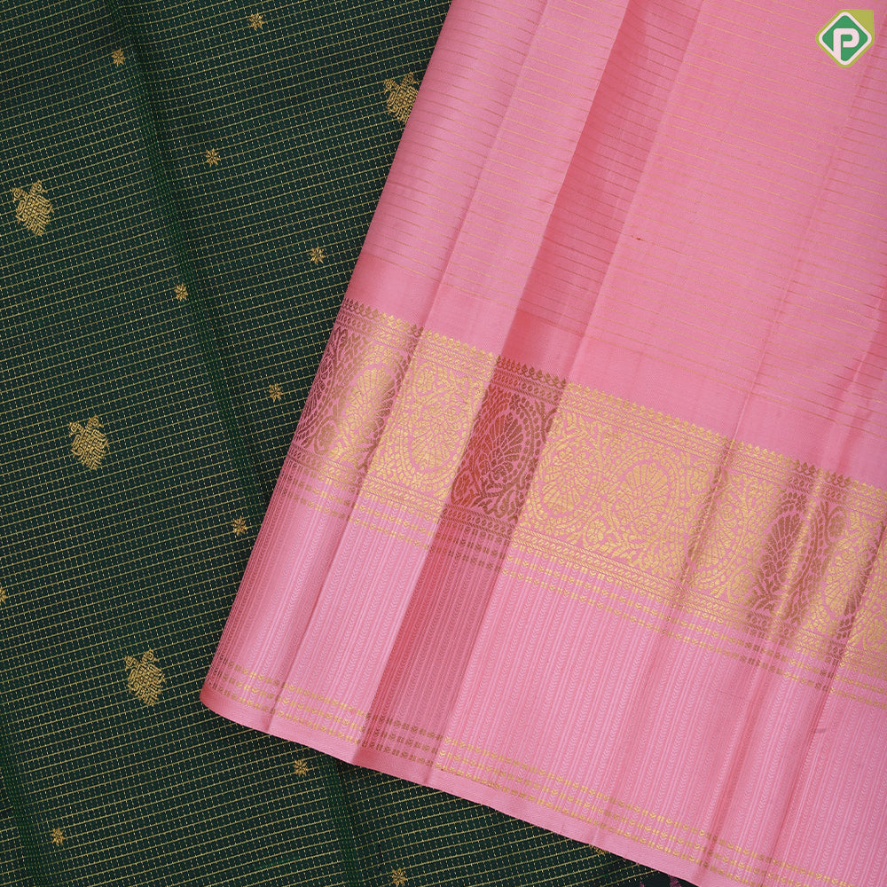 Jungle green gold zari kattam gandapiranda star butta baby pink rangoli design temple border traditional silk saree