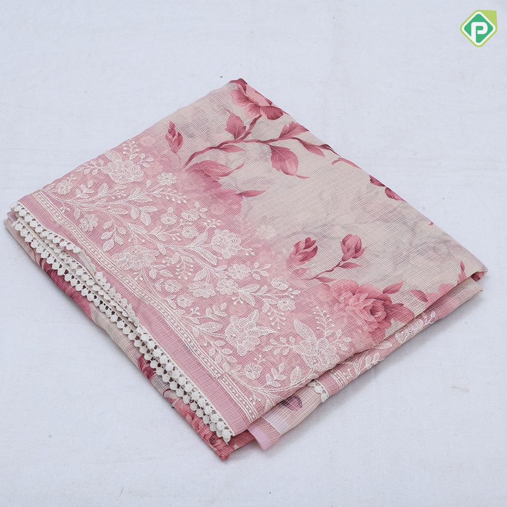 white base digital floral printed design embroidered cut work border fancy cotton saree
