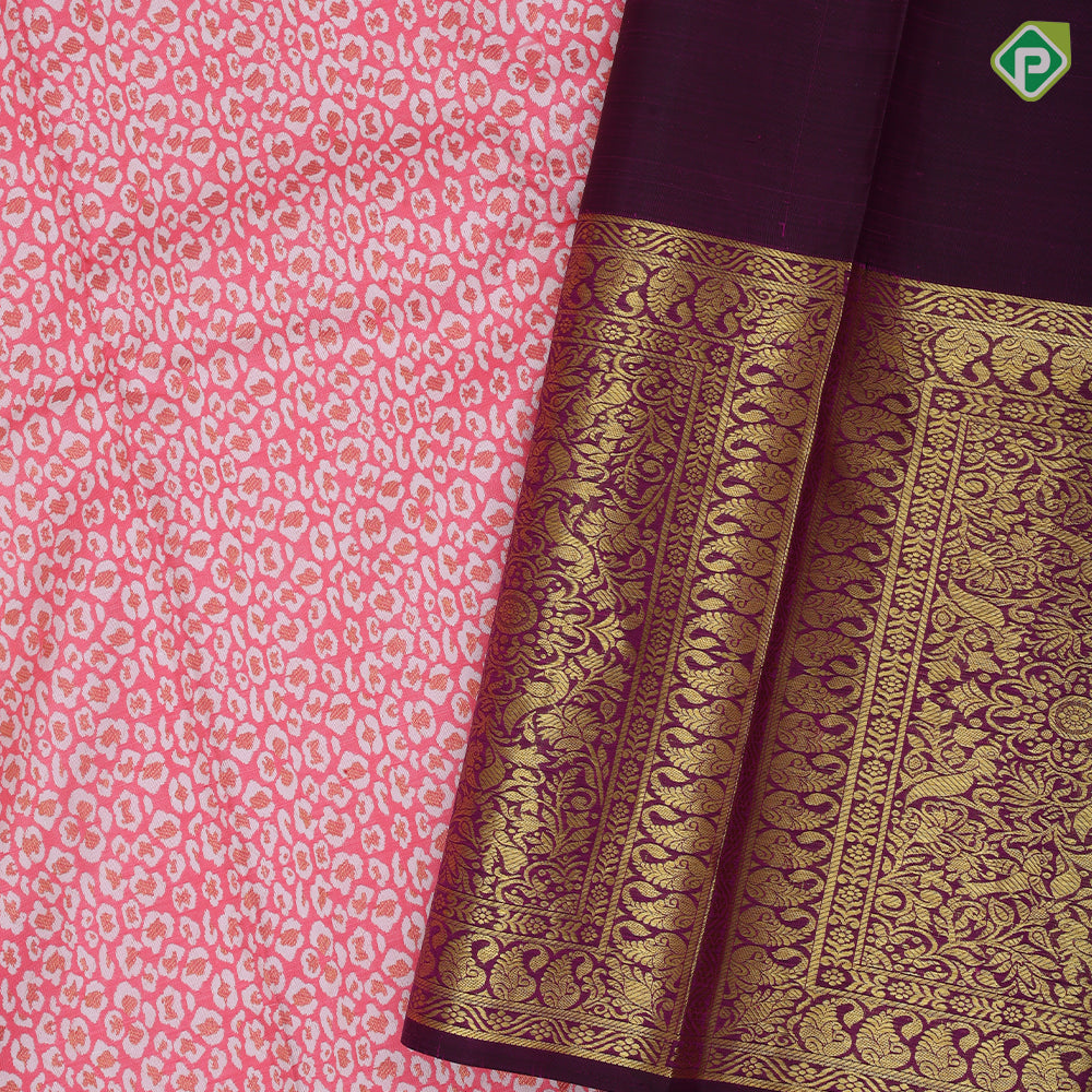 Bubblegum Pink Copper Zari Cheetah Skin Type Design Purple Floral Design Trending Fancy Silk Saree