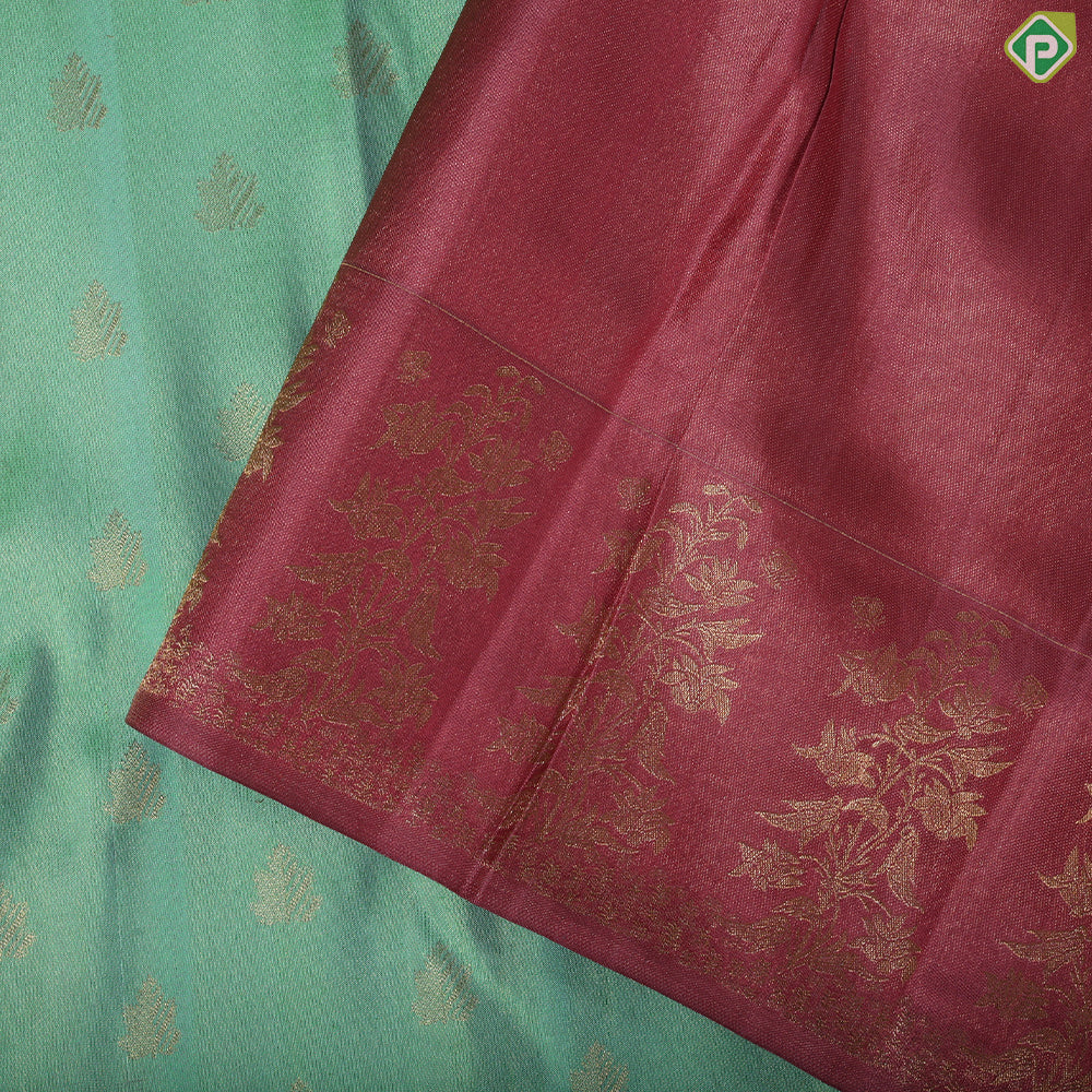 Apple green gold zari butta design Onion Pink meena work flower bunch border trendy silk saree