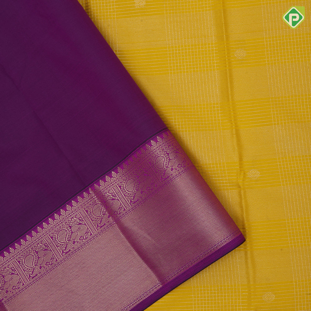 Mustard yellow gold zari vairaoosi checkered butaa purple gold zari peacock yaali border art silk saree
