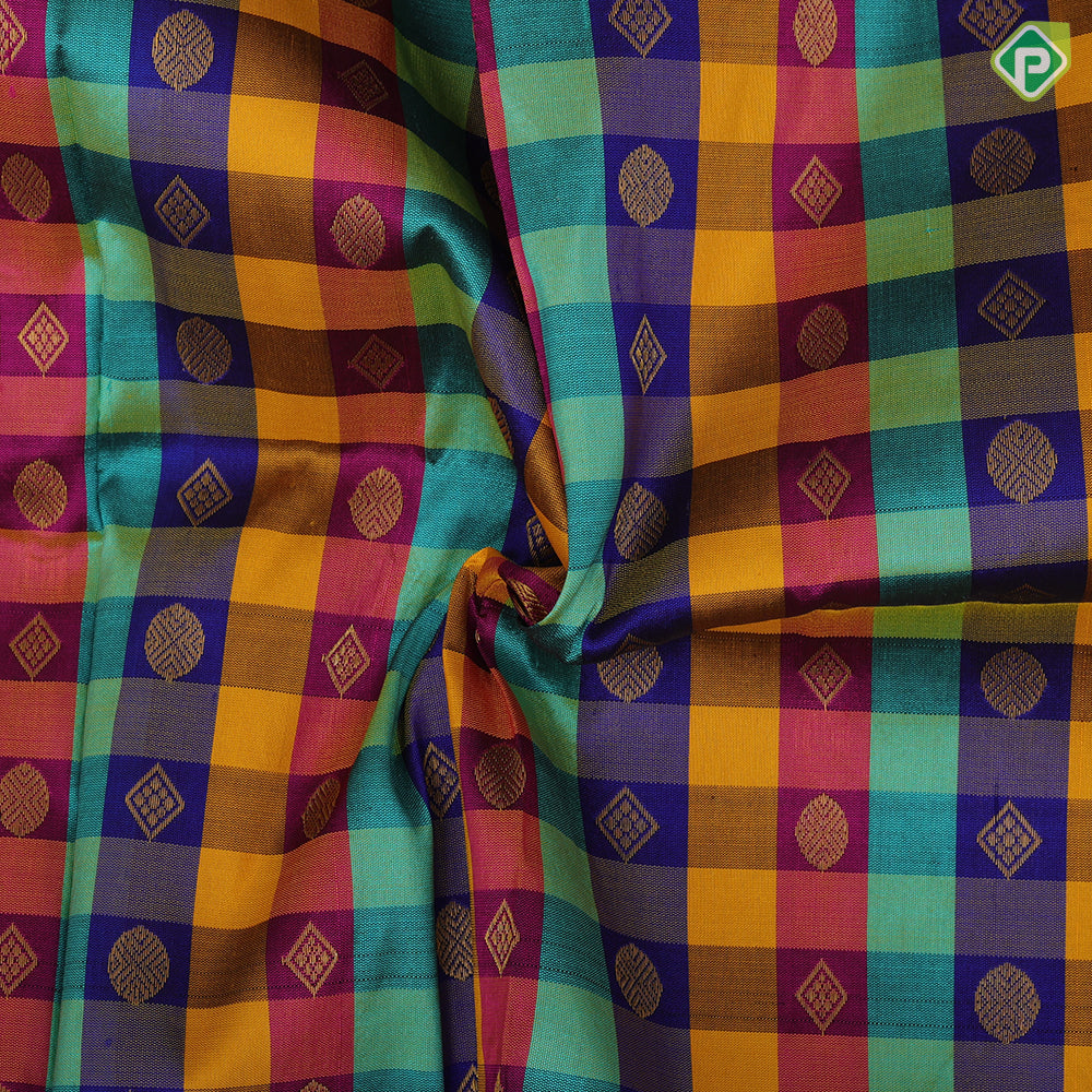 Multi color checks and gold zari round diamond butta self gold zari border pattu paavadai lehanka