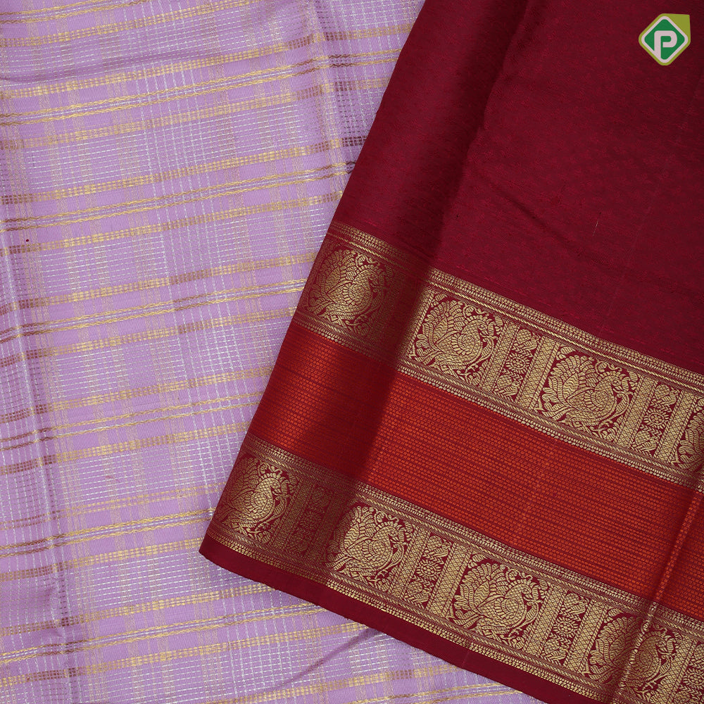 Candy pink silver gold zari thick lines and checks rani red gold zari rettapet mid orange border traditional silk saree