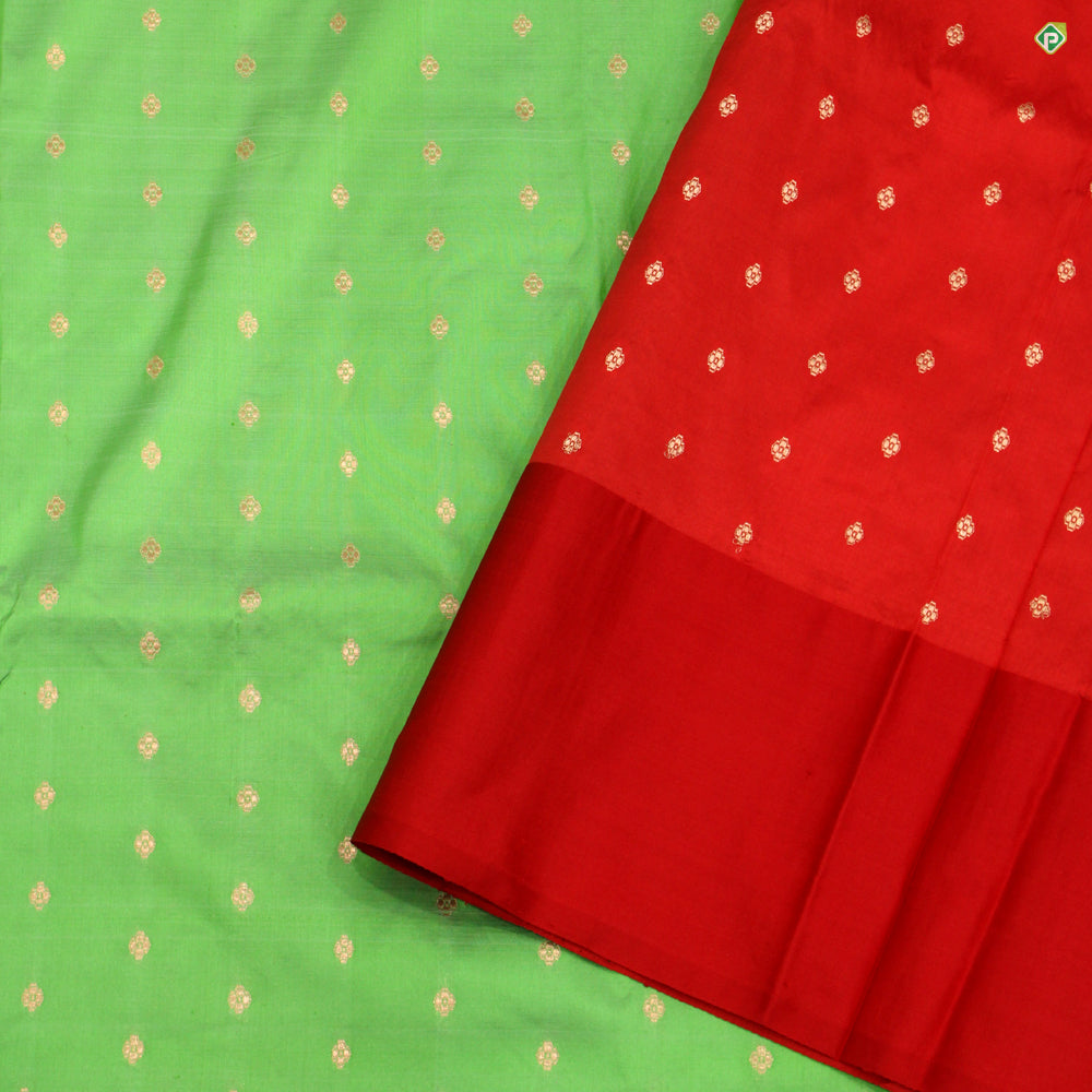 Pista Green With Chilly Red Colour Small Flower Motifs Pure  Banarasi Silks Saree