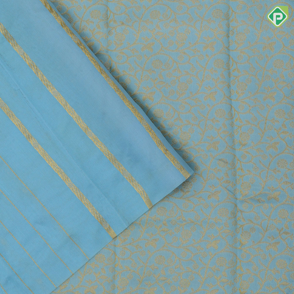 Blue Gold Zari Floral Design Self Colour Flower Floral Border Design Trendy Fancy Saree