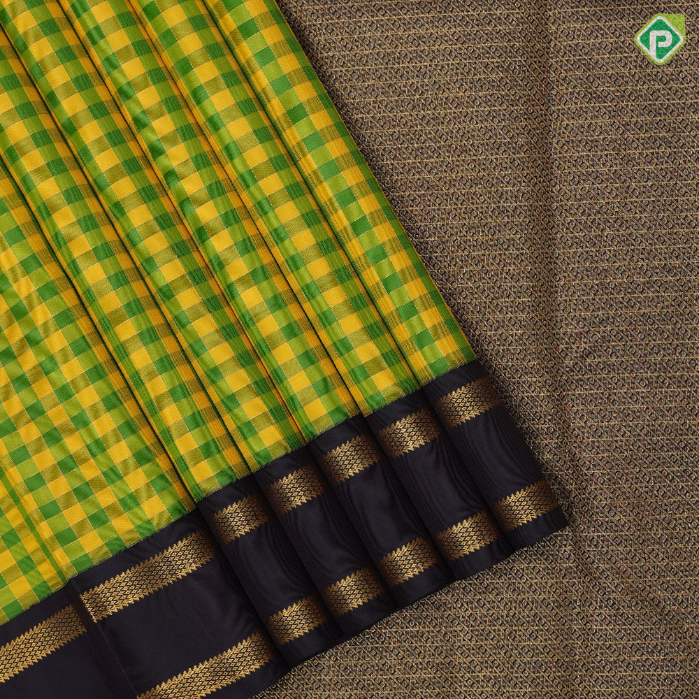 Green and yellow gold zari checks design brown gold zari retta pattai border traditional silk saree