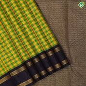 Green and yellow gold zari checks design brown gold zari retta pattai border traditional silk saree