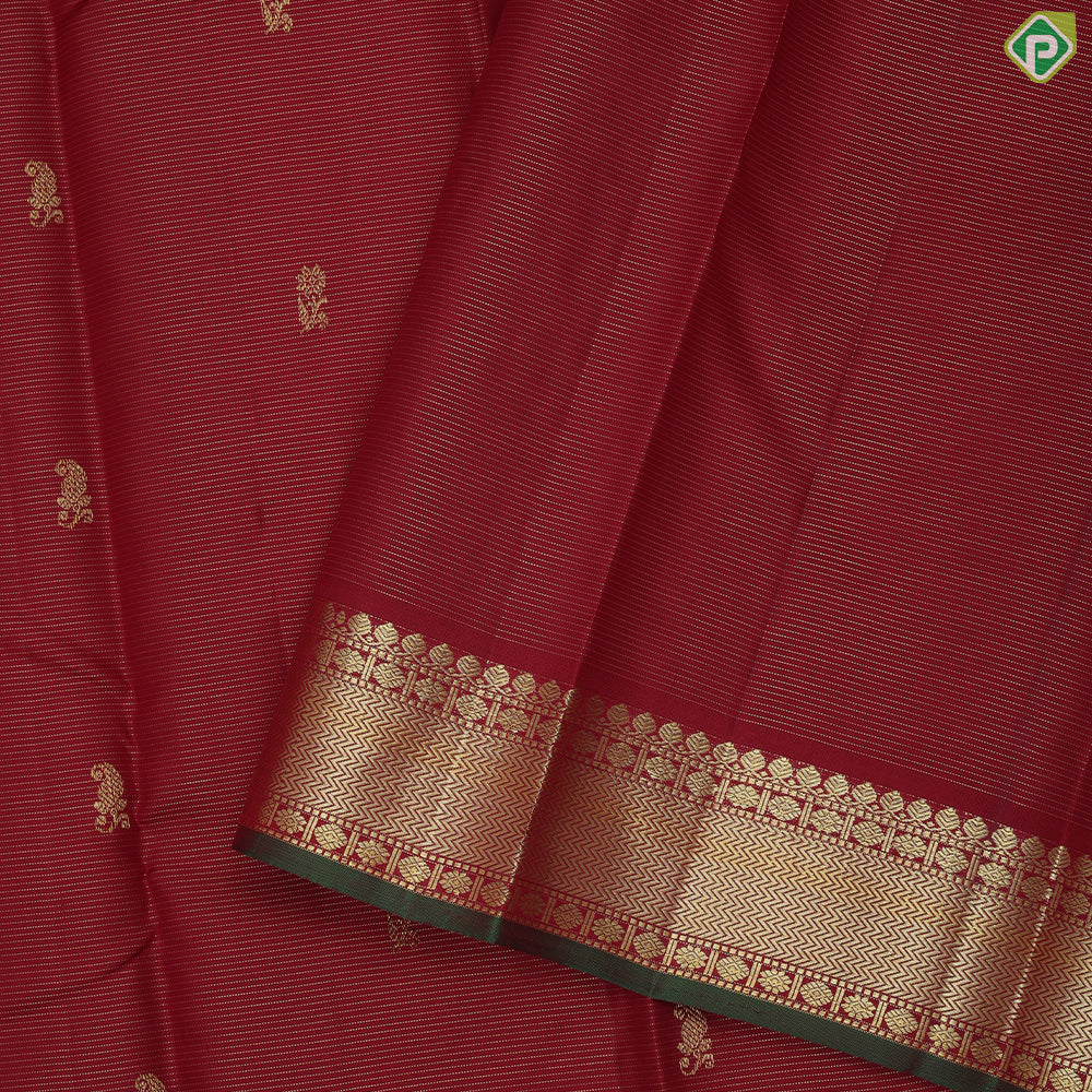 Beetroot gold zari vairaoosi fancy mango double parrot butta self gold zari green edge border traditional silk saree