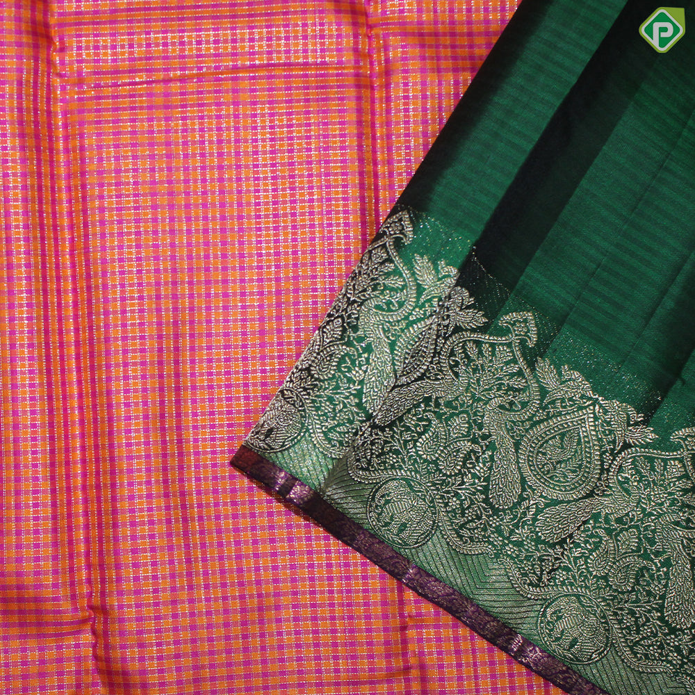 Fanta Orange And Pink Color Checked Gold Zari With Green Color Peacock Design Border Traditional Silk Saree