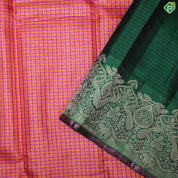 Fanta Orange And Pink Color Checked Gold Zari With Green Color Peacock Design Border Traditional Silk Saree