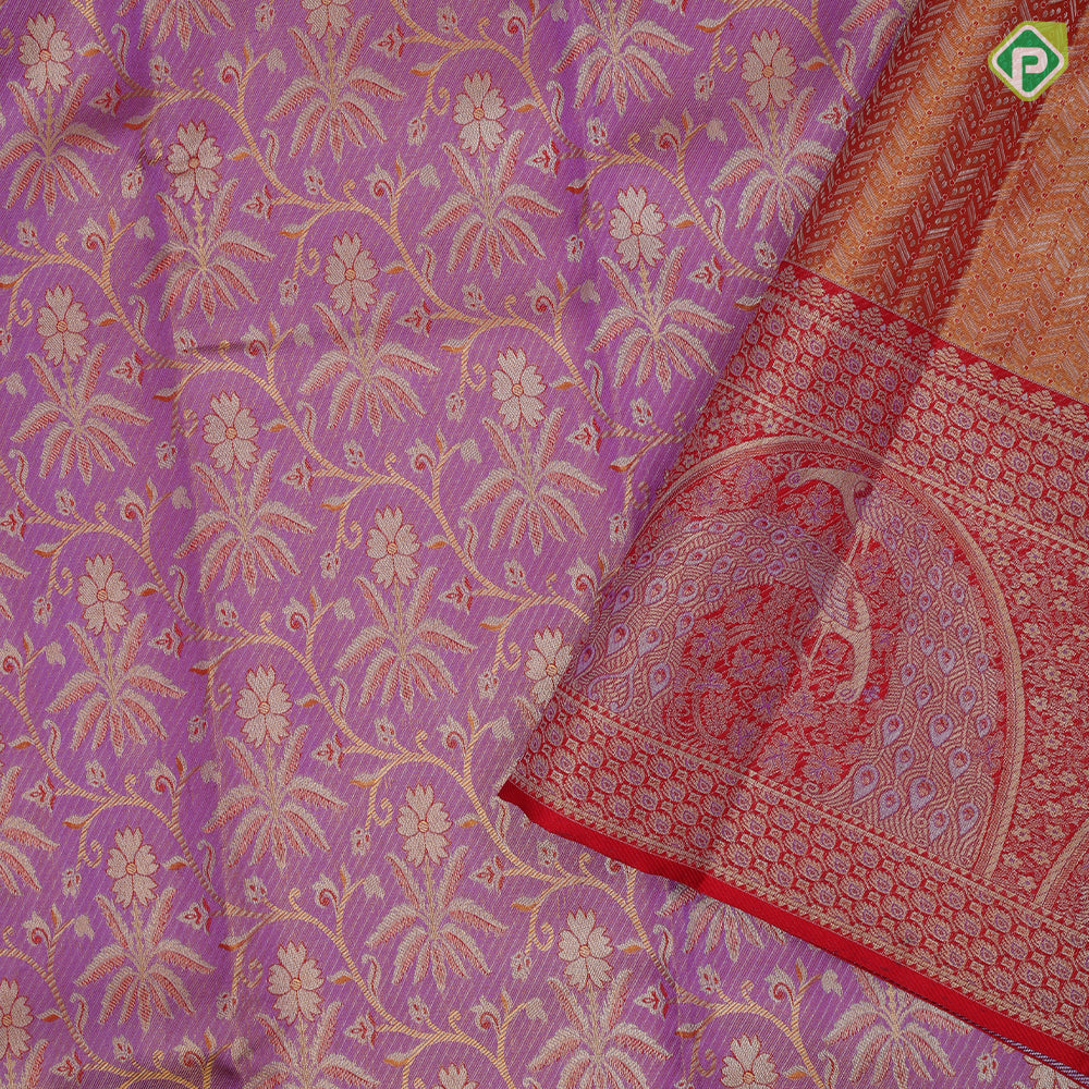 Lavender pink gold zari by zari tissue floral design red gold zari double peacock arch design border tissue bridal silk saree