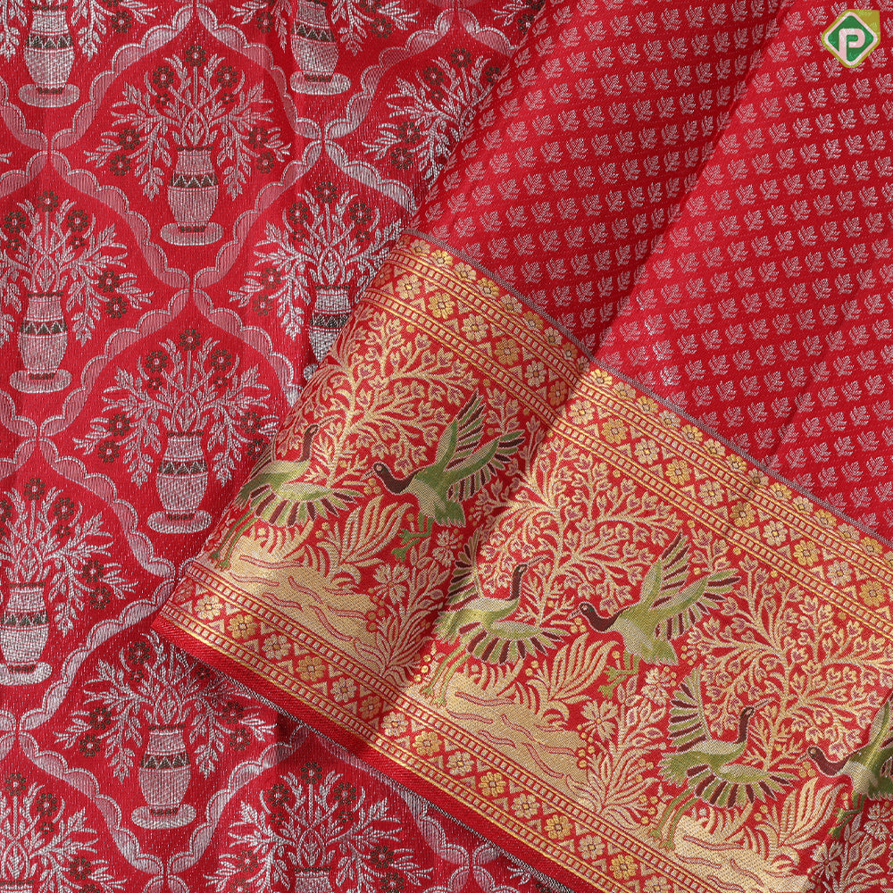 Chilly Red silver zari meena work pots into checks design self gold zari meena work border exclusive wedding silk saree