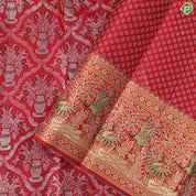 Chilly Red silver zari meena work pots into checks design self gold zari meena work border exclusive wedding silk saree