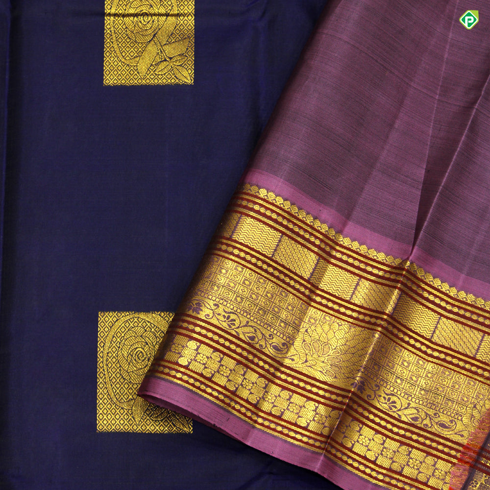 Indigo Blue With Lavender Pink Flower Motifs Traditional Silks Saree