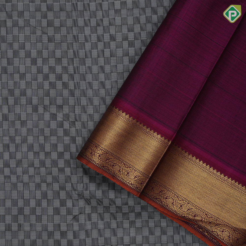 Elephant grey with steel grey self checks design rani pink god zari Edge border Luxury black silk saree