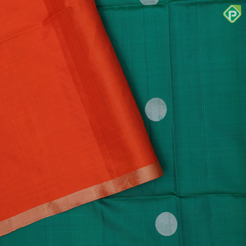 Emarald green silver gold zari round dots self gold zari border contrast orange pallu soft silk saree