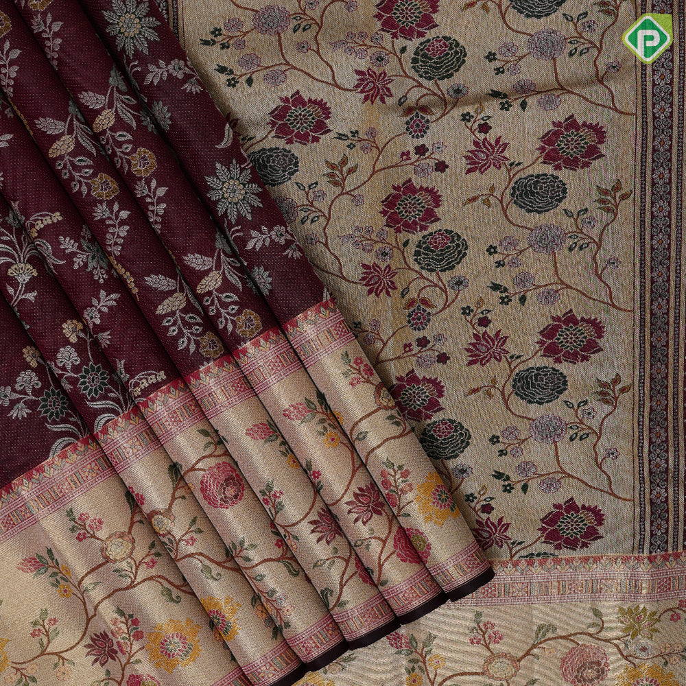 Maroon brown silver gold zari meena work self goldish paithani border artistic grand avatar effect exclusive bridal silk saree