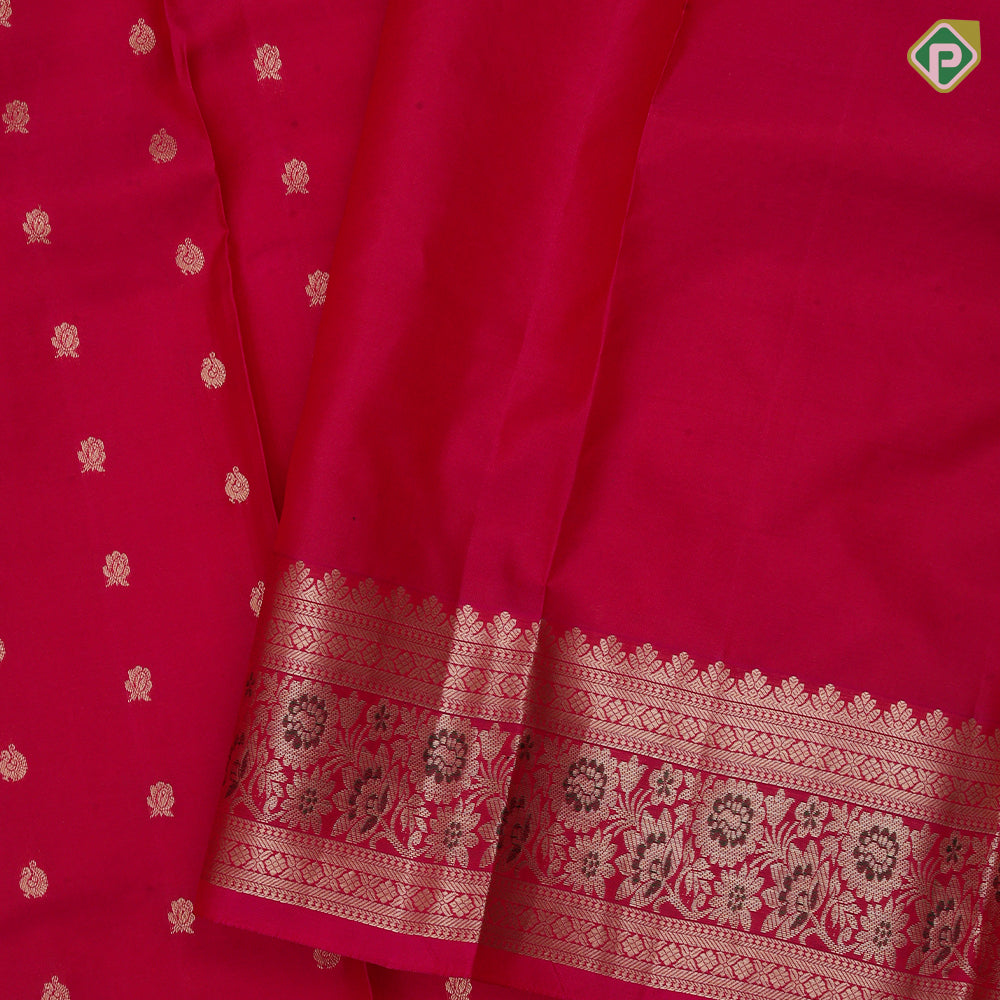 Rani pink gold zari rose peacock butta design self gold zari meena work border traditional silk saree