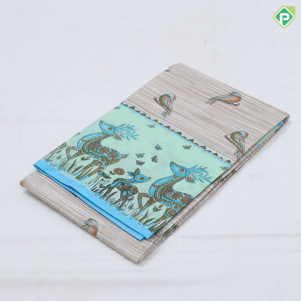 Full body sparrow design wild deer printed border summer cool light weight saree