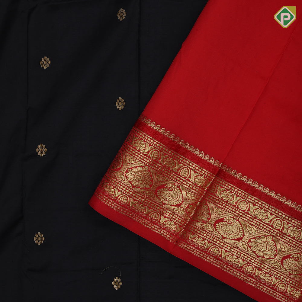 Black with gold zari fancy flower butta design rani red gold zari mango thilagam butta border pure mix saree