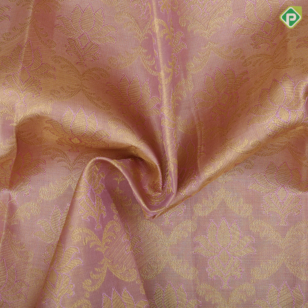 Lavender pink gold zari lotus meena work design Rose pink gold zari rangoli border pattu paavadai lehanka