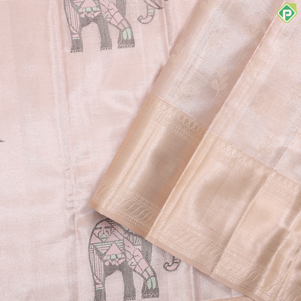 Powder Pink elephant meena work motifs kanjivaram tissue silk saree