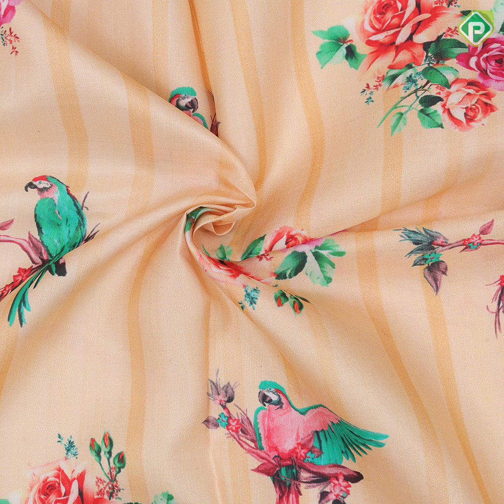 Peach multi color rose bunch and parrot design red silver gold zari peacock multi lines border pattu paavadai lehanka