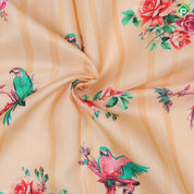 Peach multi color rose bunch and parrot design red silver gold zari peacock multi lines border pattu paavadai lehanka