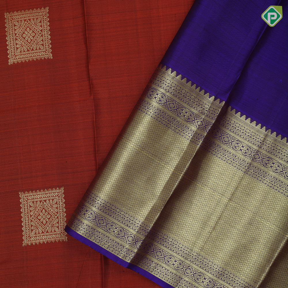 Rust Orange Gold Zari Checks Flower Butta Design Violet Mayilkan Border Design Traditional Silk Saree