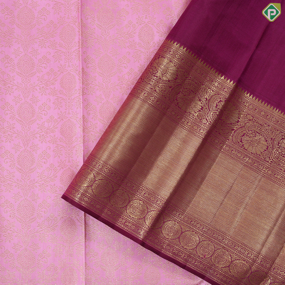 Baby pink with gold zari grand floral design purple pink gold zari border grand brocade bridal silk saree