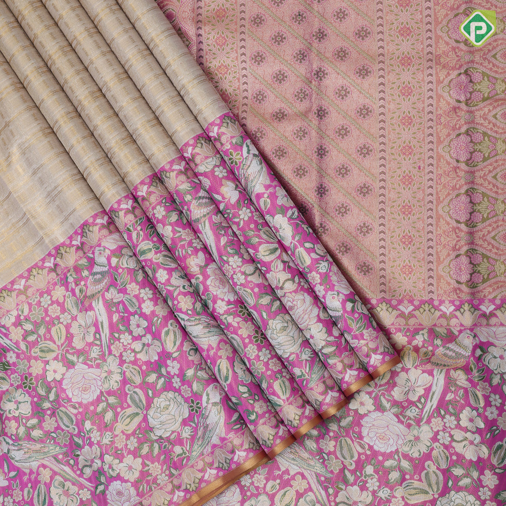 Cream White Gold Zari Big Square Check Bubblegum pink parrot rose cashew detailed Border Wedding Silk Saree