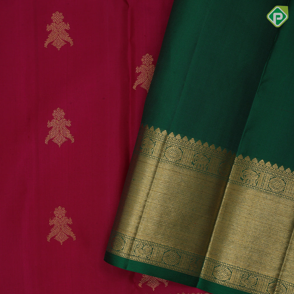 Rani Pink Gold Zari Gandaberunda Butta Design Self Colour Wedding Couple Floral Elephant Peacock Chagaram Border Design Traditional Silk Saree