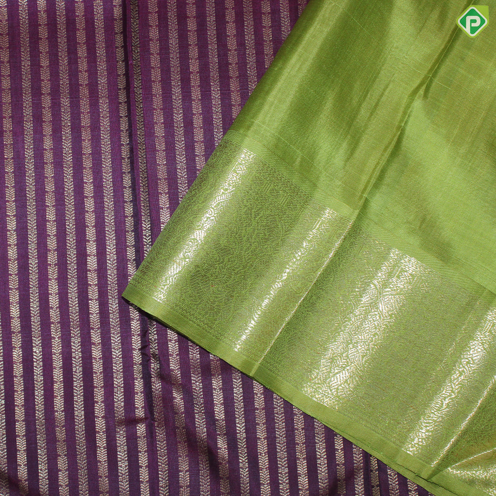 Purple With Gold Zari Stripes Contrast Green Border Traditional Silk Saree