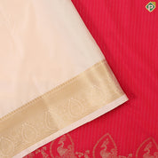 Tomato red gold zari stripes peacock design contrast cream gold zari thilagam border art silk gift saree
