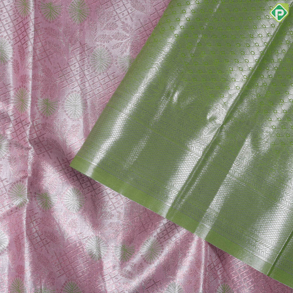 light pink copper zari embossed design apple green copper zari turning border tissue art silk saree
