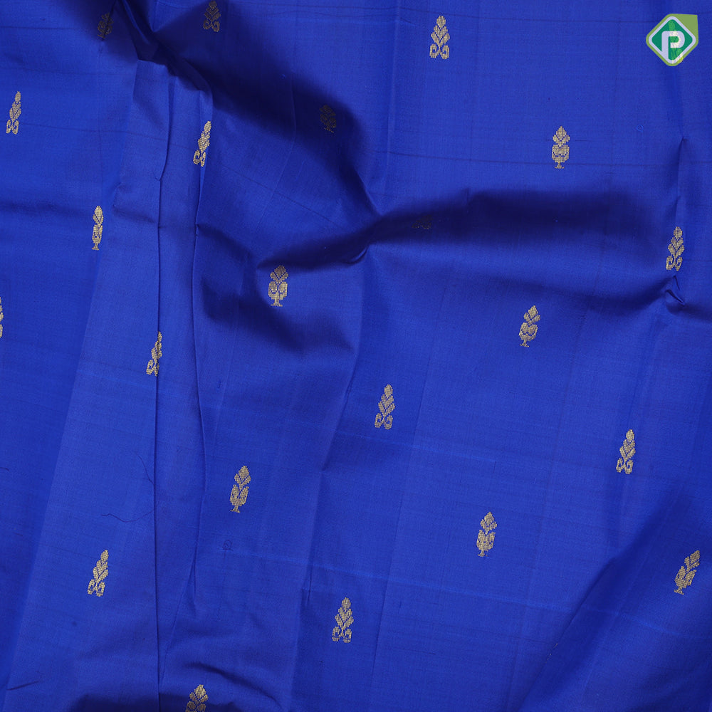 Royal blue gold zari fancy flower butta peacock blue gold zari diamond design one side border silk saree