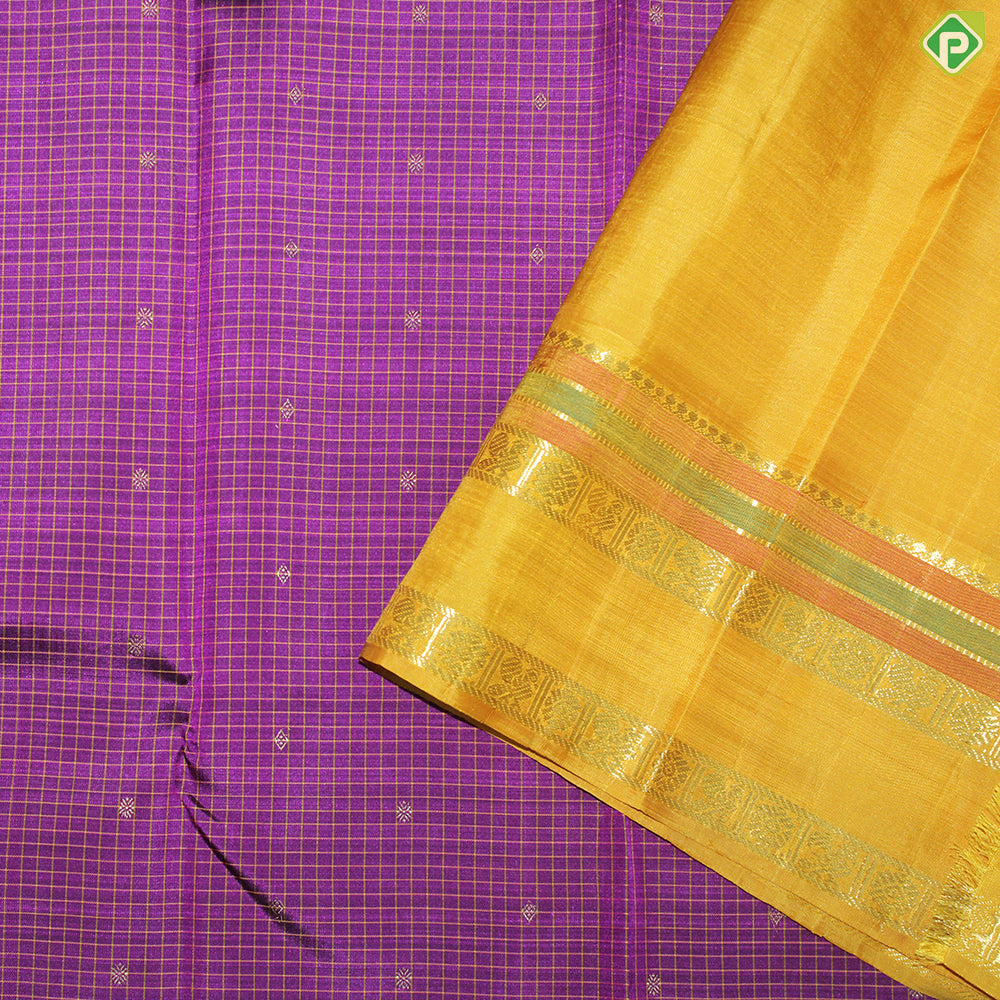 Rani Pink Checked Line Small Motifs And Peacock Design Border Traditional Silk Saree