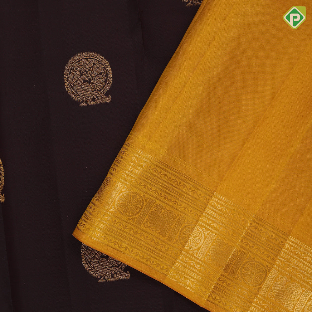 walnut brown gold zari peacock dancing butta design mustard yellow gold zari butta border traditional retro silk saree
