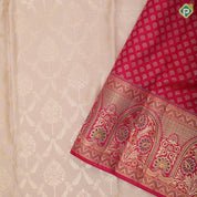 Half white silver gold zari grand floral design rani pink silver gold zari meena work arch design border grand bridal silk saree