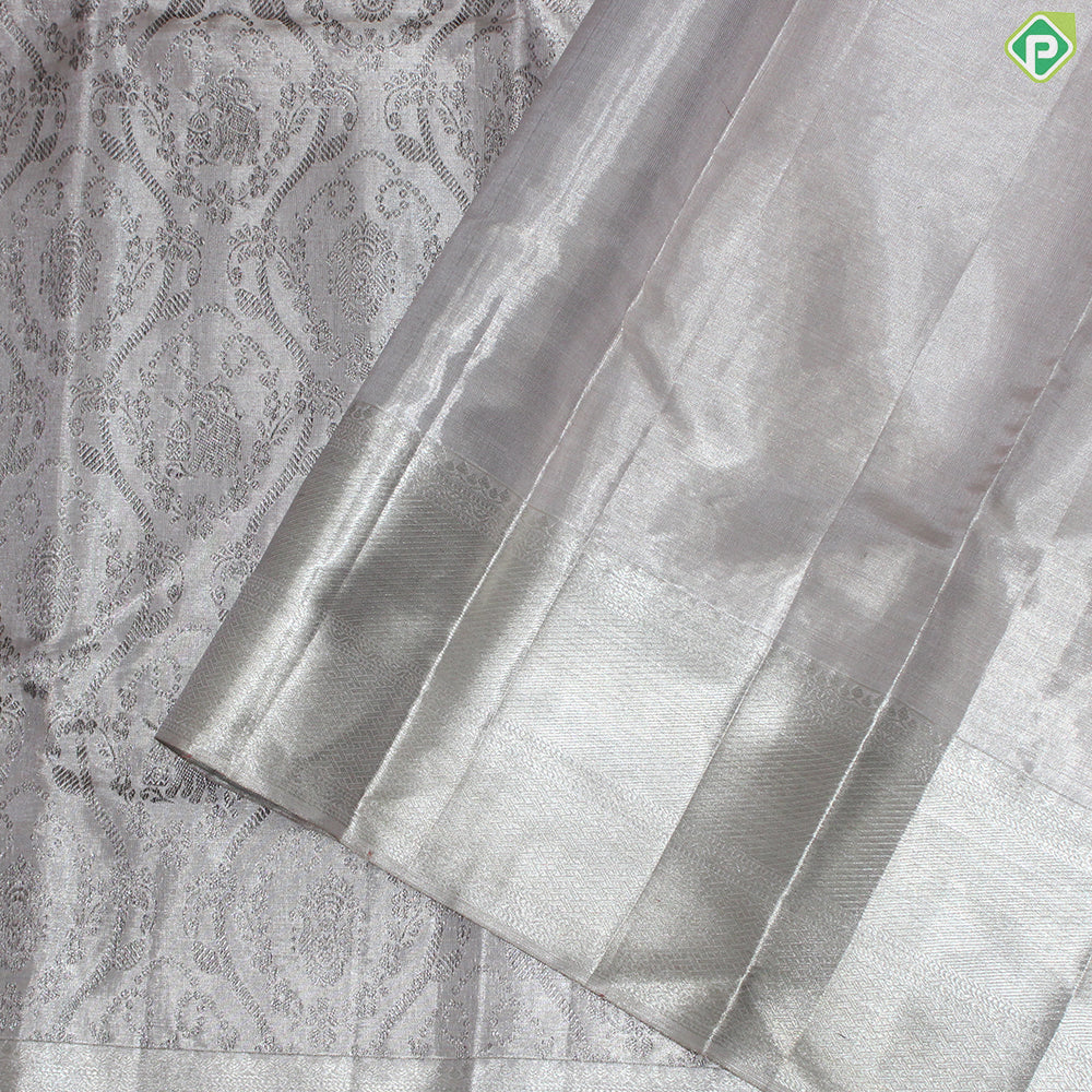 Silver Zari Full Tissue Chocolate Brown Color Flower Motif Grand Traditional Silk Saree