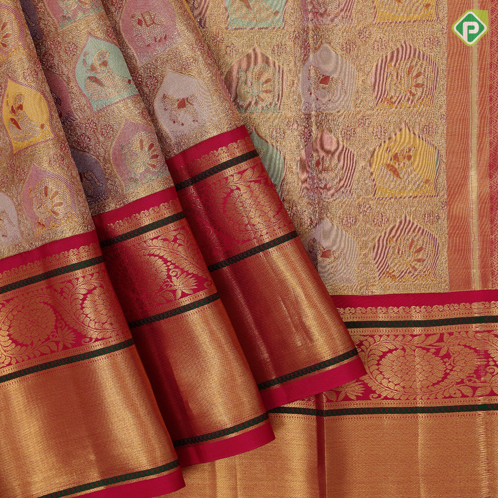 Multi color gold zari classic butta design rani pink gold zari thread work lines border tissue pattu paavadai
