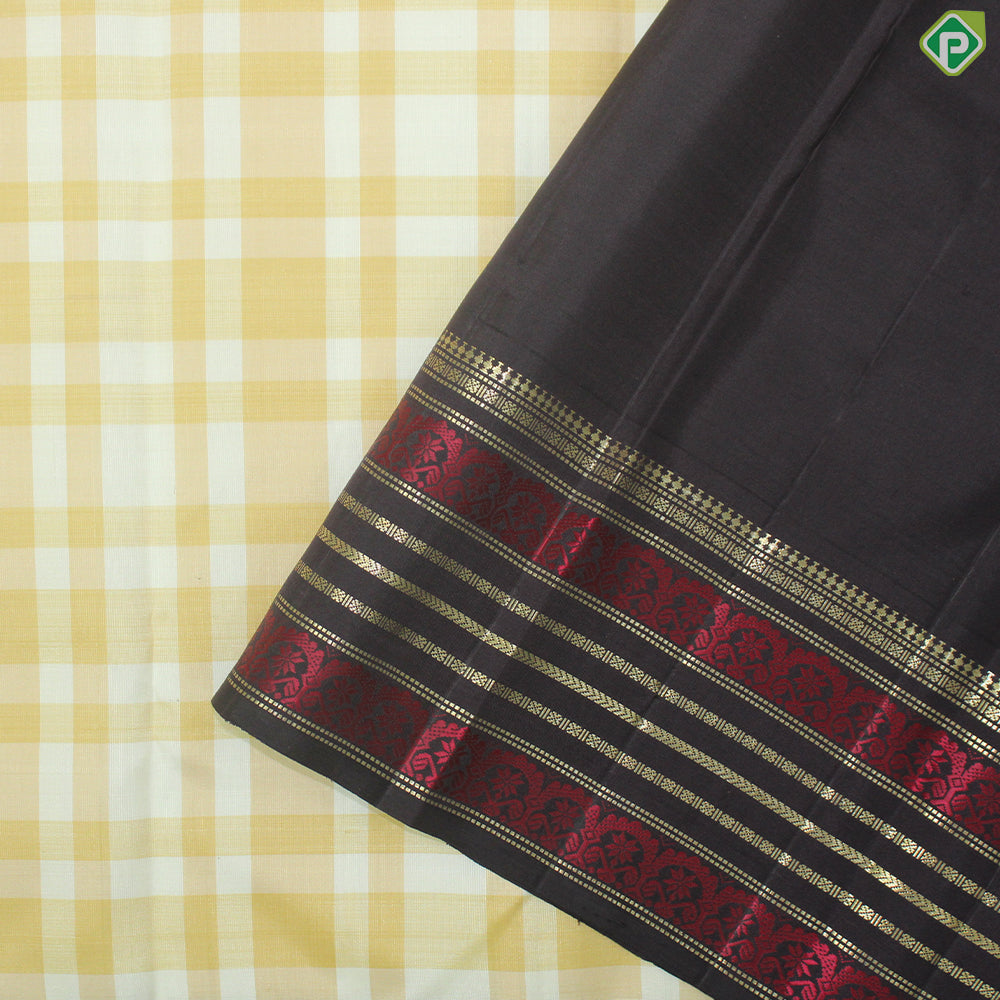 Mustard Cream White Checked With Chocolate Brown Thread And Gold Zari Border Traditional Silk Saree