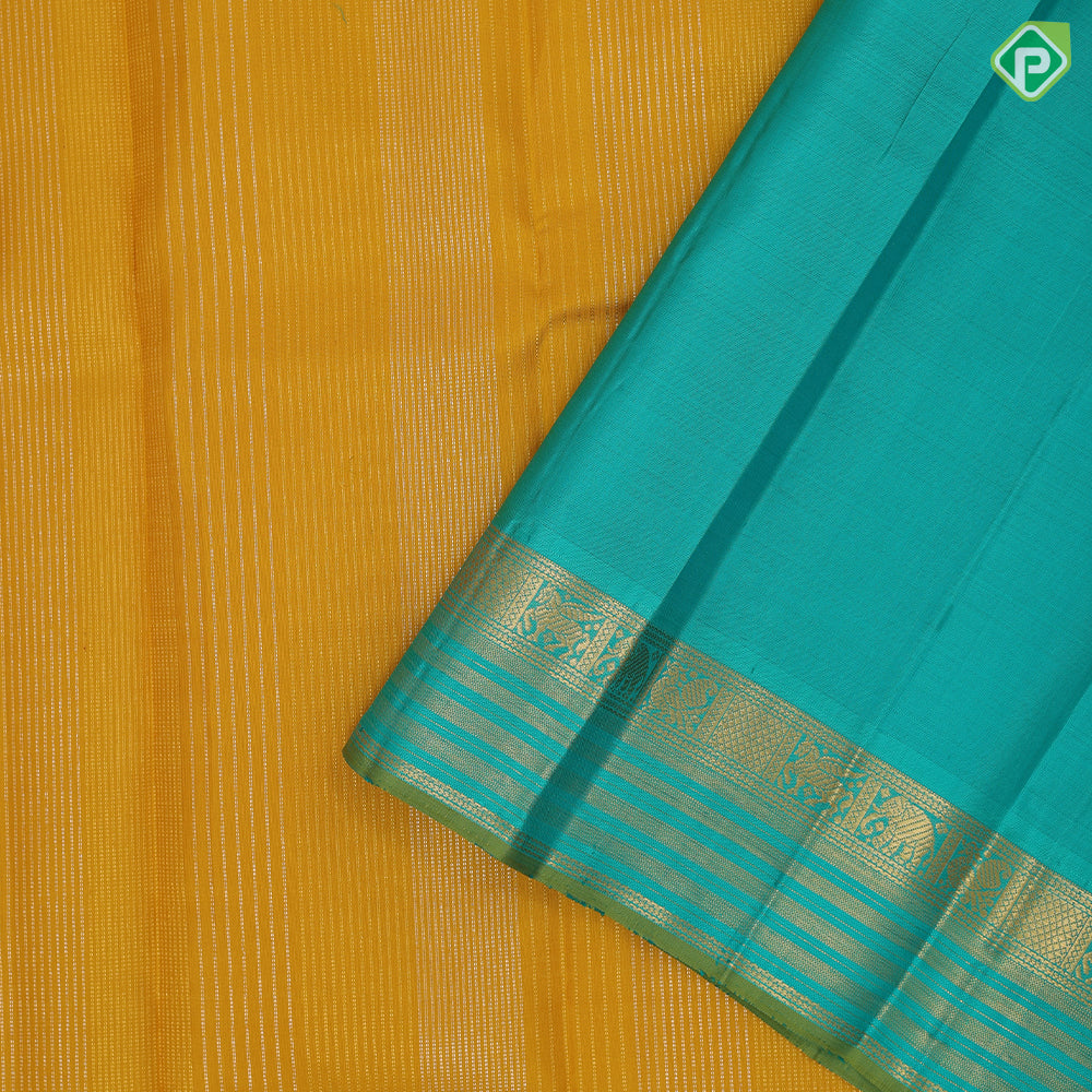 Golden mustard silver gold zari lines sapphire green gold zari lines and butta border vintage silk saree